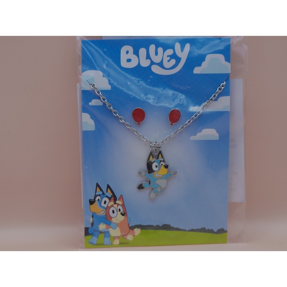 Bluey 2-Piece Playful Jewelry Set Enamel Necklace & Red Balloon Earrings NEW